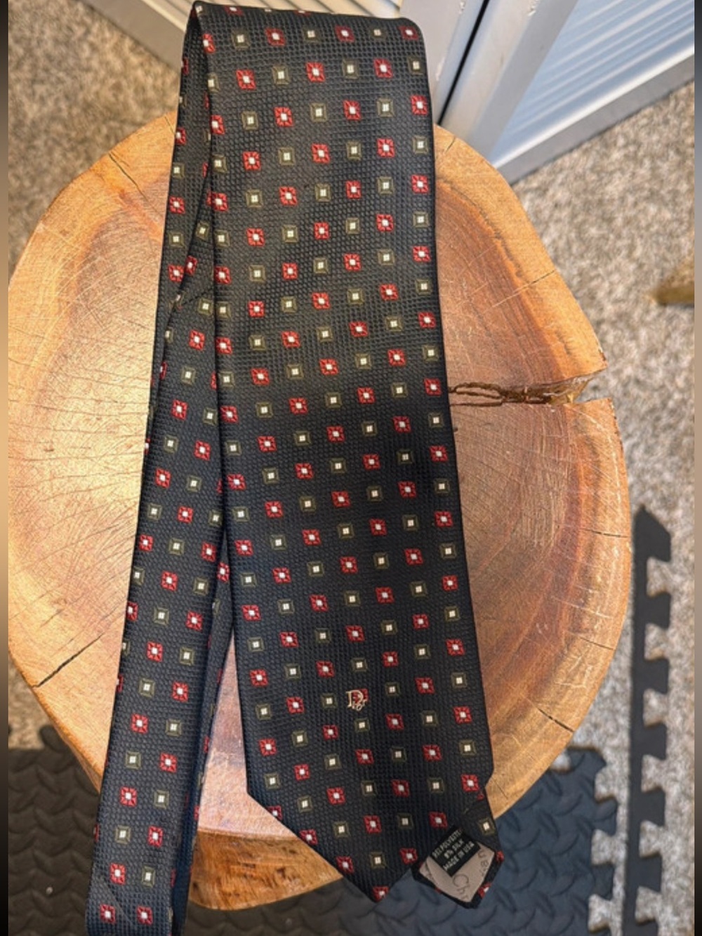 Classic Black Men's Necktie with Red and Olive Square Pattern